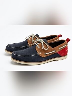 Zara Man Colorblock Suede Boat Shoes Navy Tan Red EU 41 US 8 Made in Portugal